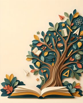 Layered paper tree of knowledge education illustration