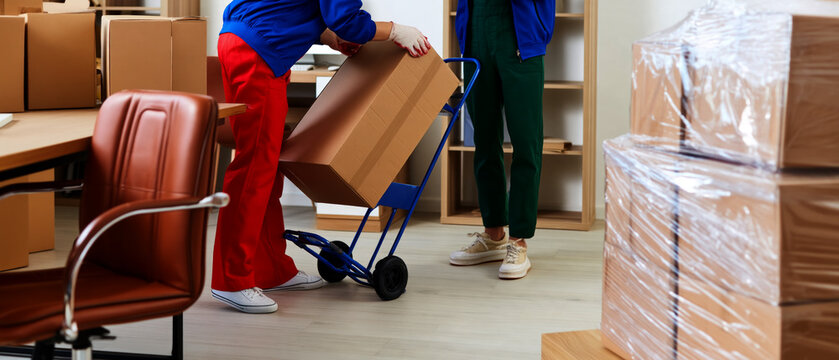  two professional movers are preparing boxes for a move.