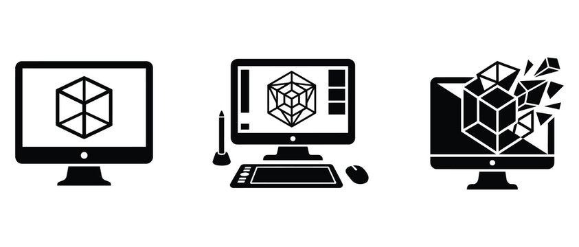 computer monitors displaying geometric cube designs with digital art and graphic editing tools illustration