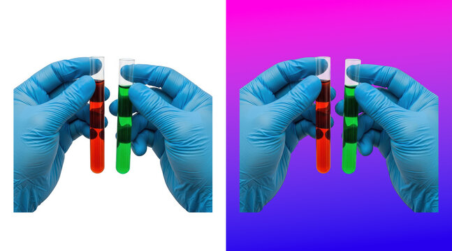 Laboratory technician mixing colored liquids in test tubes