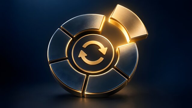 Glowing metallic pie chart with separated slice and central refresh arrows icon representing data update or business cycle.
