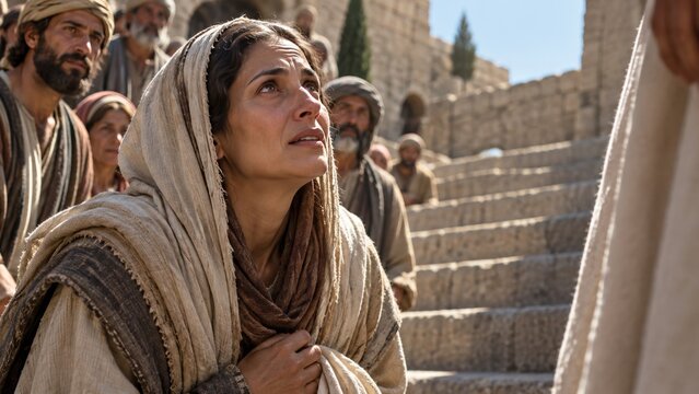 A distressed woman with tears on her face looks upward in a crowd. She wears traditional clothing in a historical setting. This image evokes powerful emotions like sorrow, pain, and hope