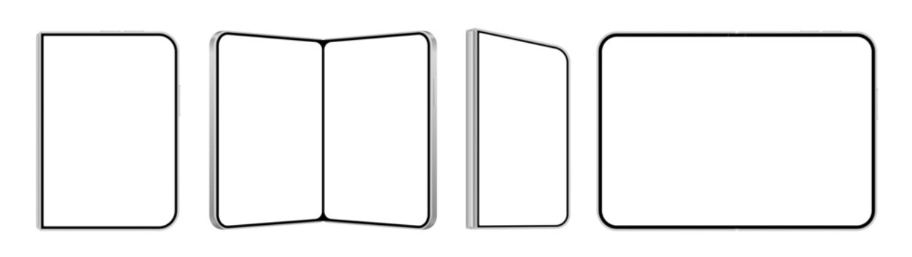 Realistic foldable smartphone mockup. set of mobile phone fold mockup with empty screen isolated on transparent background
