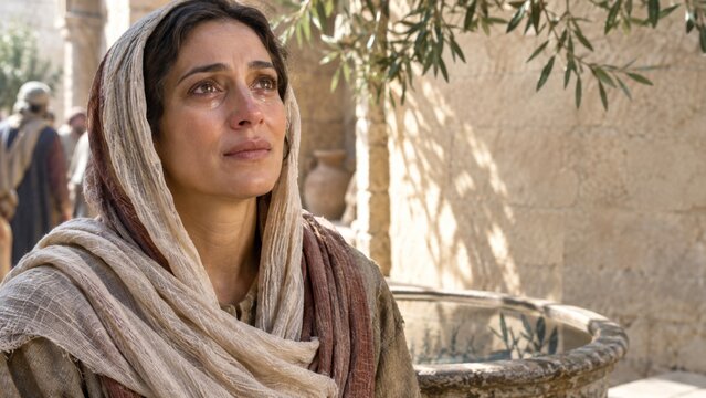 A distressed woman with tears on her face looks upward in a crowd. She wears traditional clothing in a historical setting. This image evokes powerful emotions like sorrow, pain, and hope