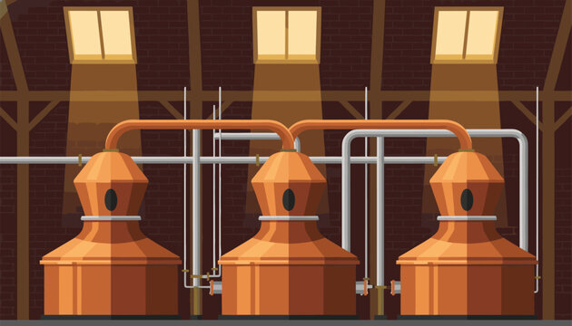 Copper distillation vats operate inside brewery facility with wooden architecture and overhead lighting for spirit manufacturing.