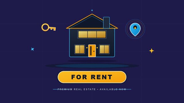 Real estate for rent motion graphic, house icon with key and location pin on dark background, premium property rental advertisement