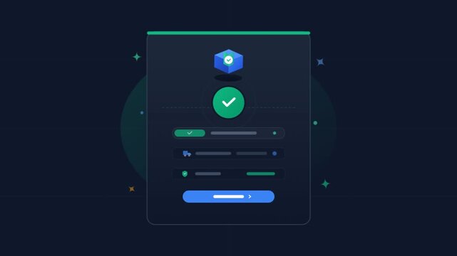 Cybersecurity login interface animation, digital authentication process with checkmark icon, secure data access dashboard in dark mode