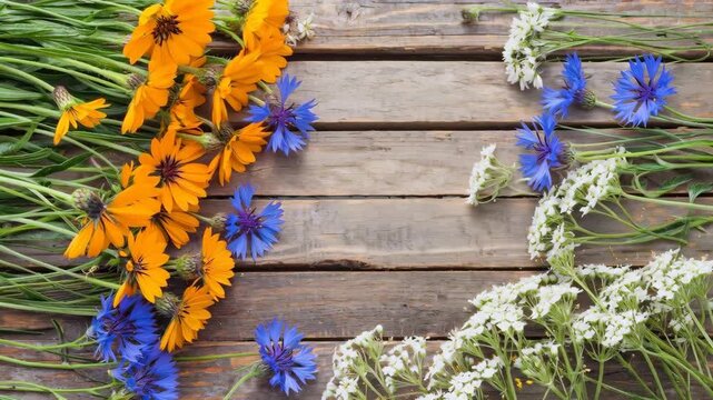Top view of colorful wildflowers on rustic wooden planks with copy space