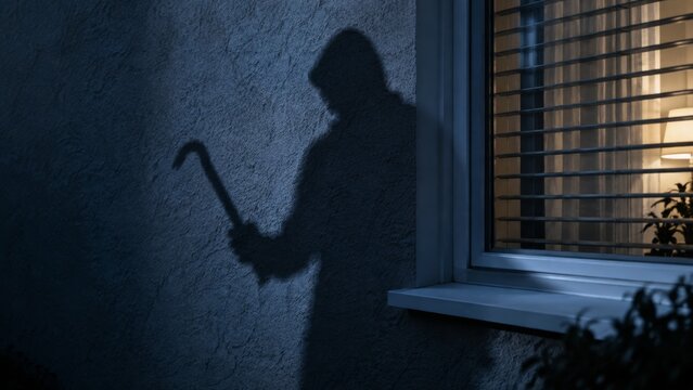 Intruders shadow with a crowbar looms on a house wall at night. The moon illuminates the dark sky above a lit entrance. This image evokes feelings of fear, insecurity, and the need for home security