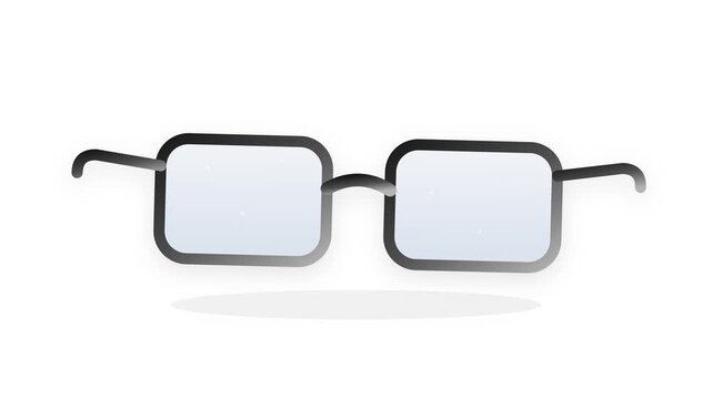 A high-resolution 2D flat illustration of stylish glasses featuring a sleek black to silver gradient frame, animated lens highlights, and subtle floating light particles on a white background.