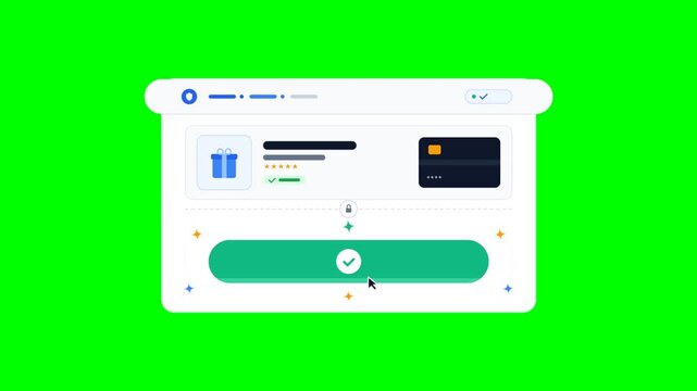 Animated online checkout interface on green screen, digital payment processing with credit card icon, e-commerce transaction success animation