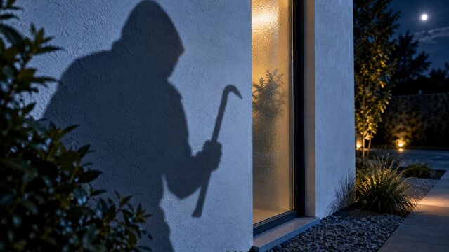 Intruders shadow with a crowbar on a house wall at night. The full moon illuminates the dark sky above a classic building. This image depicts crime, danger, and the need for home security