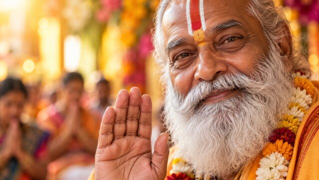 Elderly Indian man smiles while raising his right hand in greeting or blessing. He wears traditional attire and sacred markings on his forehead. This image evokes concepts of wisdom, spirituality