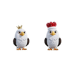 Fototapeta premium Two cartoon bald eagles wearing crowns isolated on a transparent background