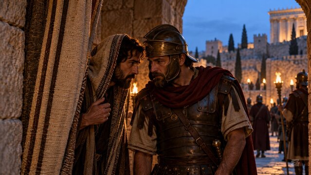 A robed man whispers a secret into the ear of a Roman soldier. The soldier looks concerned, perhaps receiving important intelligence. This scene evokes themes of conspiracy and historical intrigue