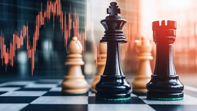 Chess pieces in front of a financial chart representing investment strategy