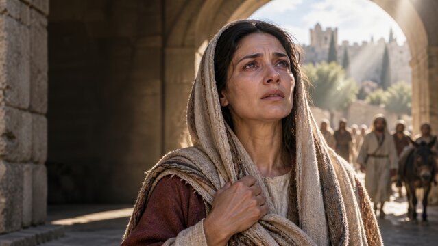 A distressed woman with tears on her face looks upward in a crowd. She wears traditional clothing in a historical setting. This image evokes powerful emotions like sorrow, pain, and hope