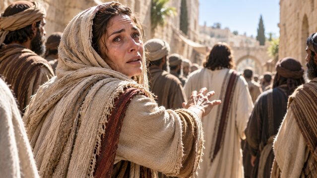 A distressed woman with tears on her face looks upward in a crowd. She wears traditional clothing in a historical setting. This image evokes powerful emotions like sorrow, pain, and hope