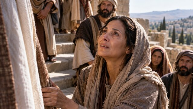 A distressed woman with tears on her face looks upward in a crowd. She wears traditional clothing in a historical setting. This image evokes powerful emotions like sorrow, pain, and hope