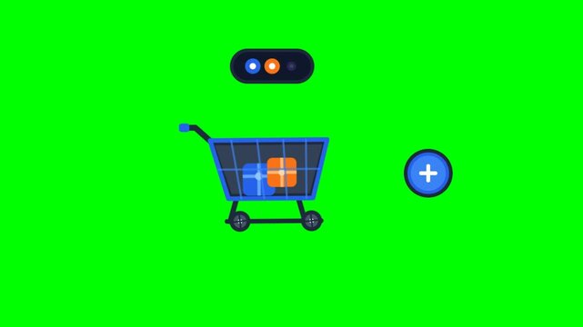 Animated shopping cart icon with gift boxes on green screen, e-commerce retail basket animation, online store purchase concept with add button