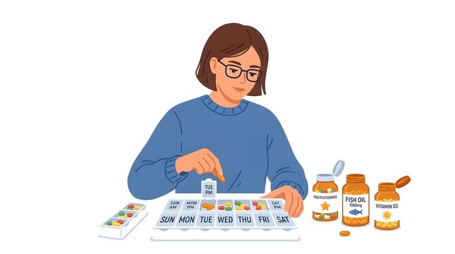 Woman organizing daily vitamins and supplements in a pill box