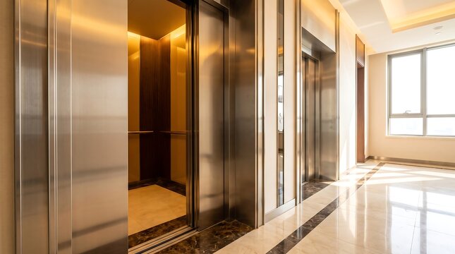 Modern elevator hallway with open lift doors in luxury office building lobby.