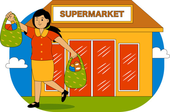 People Shopping at Supermarket Vector Illustration