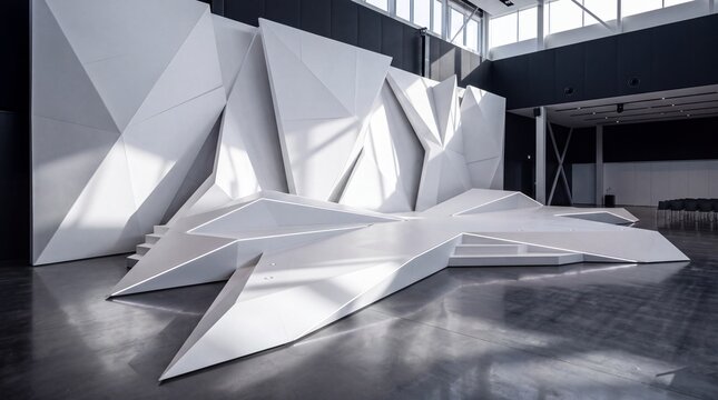 Futuristic White Geometric Stage in Modern Event Hall