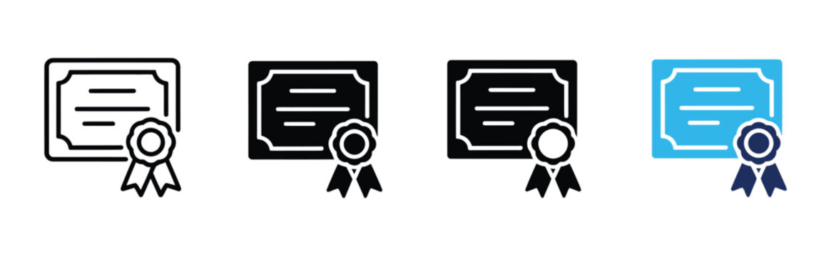 Professional certificate icon set, diploma symbols, academic degree, achievement award, seal, ribbon, education, business, certification, vector illustration

