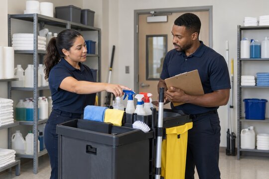 Cleaning Team Coordinating Daily Work Before Service