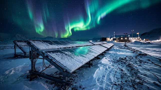Solar Panels Under Northern Lights at Polar Research Station