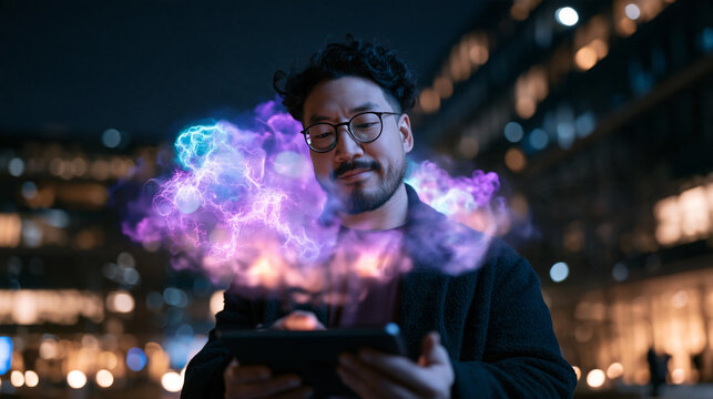 Asian Man Using Futuristic Tablet with Glowing Holographic Cloud