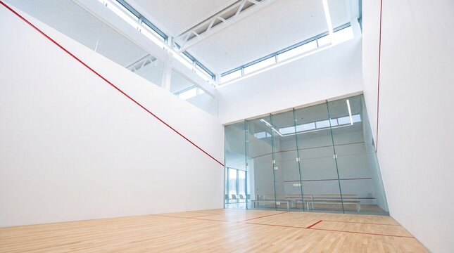 Modern Empty Squash Court with Glass Wall Indoors