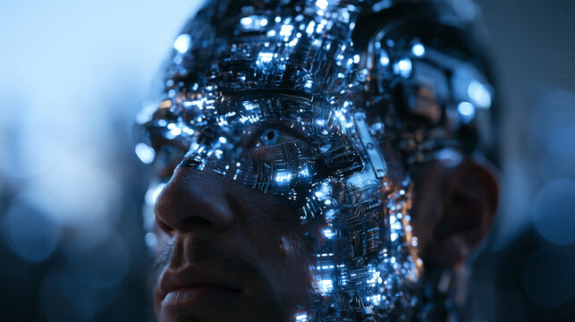 Futuristic Cyborg Face with Glowing Cybernetic Circuit Implants