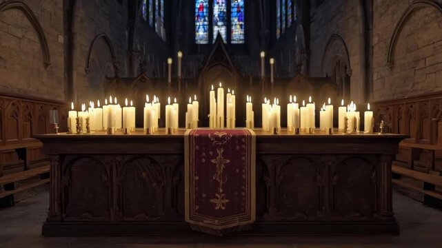 Lit candles on a decorated altar in a gothic cathedral