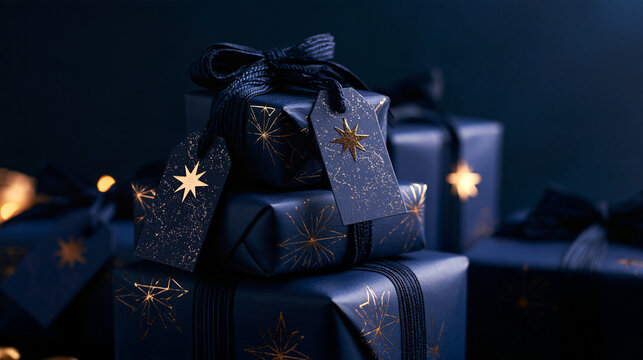 Dark Blue Christmas Gift Boxes Decorated with Gold Stars