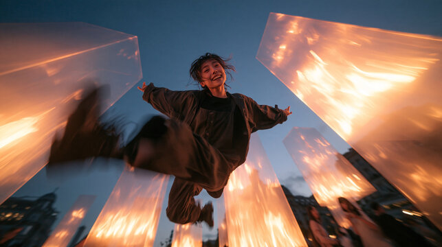 Happy Young Woman Jumping Between Glowing Light Installations at Dusk