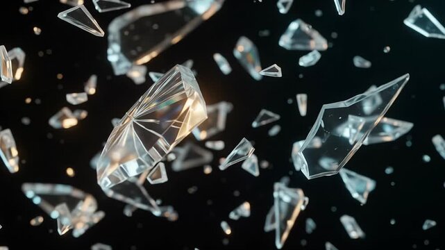 Crystalline glass shatter explode, sharp fragment disintegration impact debris, dramatic chaotic destruction