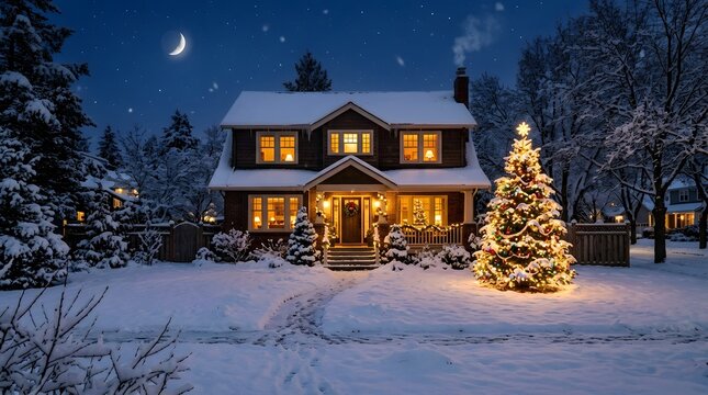 Traditional twostory suburban house decorated for christmas with a large glowing tree in the snowy front yard