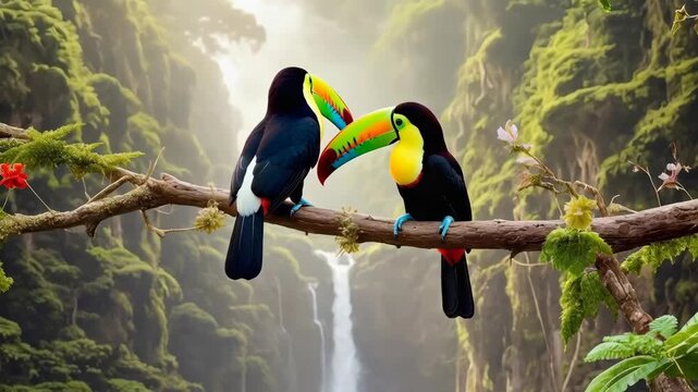 Two Exotic Toucan Birds Facing Each Other on a Tropical Branch