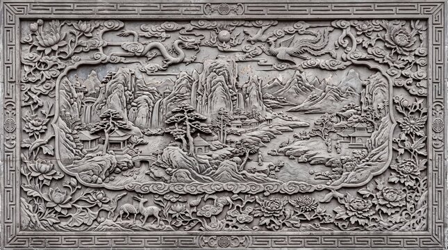 Traditional Chinese Stone Relief Carving of Landscape and Dragon