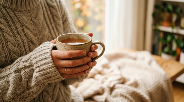Autumn hot beverage and sweater sleeves