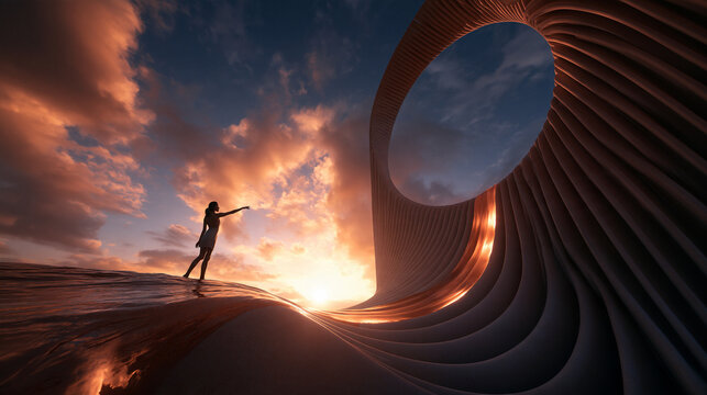 Futuristic Architectural Portal at Sunset with Figure Reaching Out