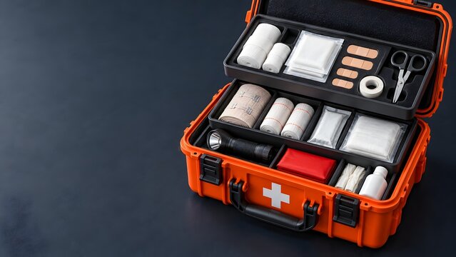Open heavy duty orange tactical first aid kit packed with professional trauma supplies and emergency responder equipment on a dark background.
