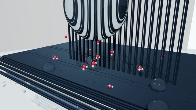 3D animation of waterproof membrane physics showing water droplets repelled by outer shell and water vapor gas molecules passing through an expanded PTFE microporous core for breathable fabric tech