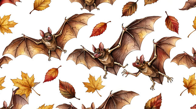 Seamless Flying Bats and Autumn Leaves Pattern Halloween Fall Illustration