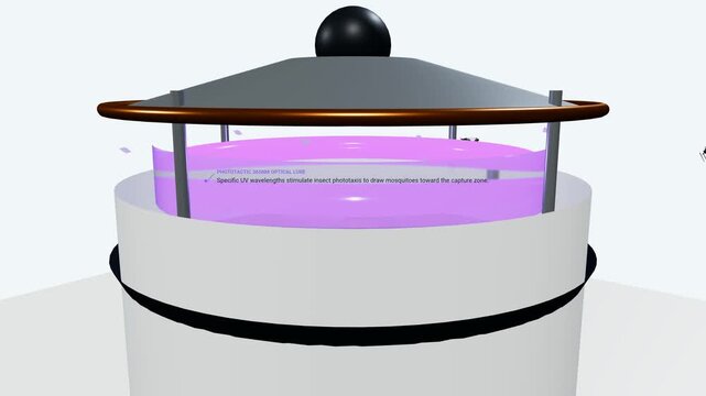 3D Animation of UV Vortex Insect Trap Showing Phototactic Optical Lure Cyclonic Suction Turbine Downward Funnel UVC DNA Photolysis and Physical Bio-Neutralization for Mosquito Control