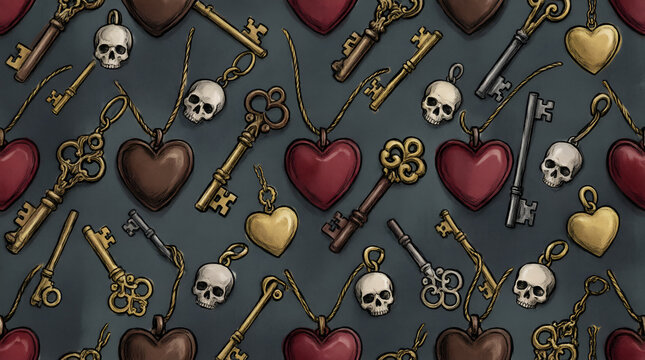 Seamless Skeleton Keys Hearts and Skulls Pattern Dark Gothic Halloween Illustration