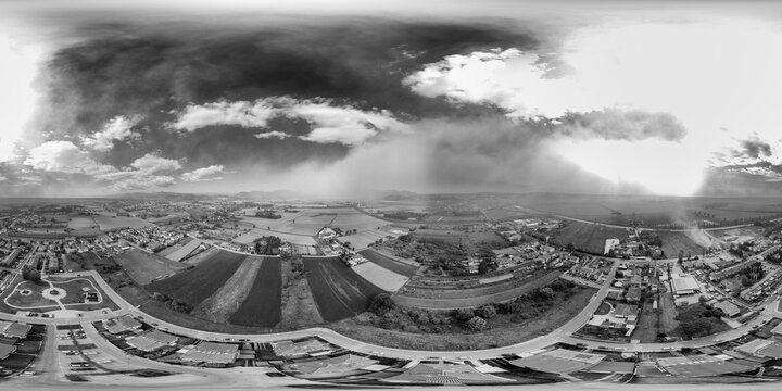360 aerial panorama Tuscany countryside with Monte Faeta wildfire near village and meadows
