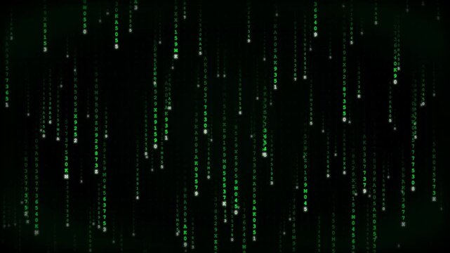 Futuristic matrix digital rain motion graphic background featuring glowing green symbols falling in dark cyber space